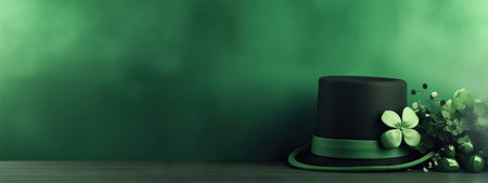 Green shamrock lucky top hat as St Patrick's day symbol and luck icon of Irish tradition with magical four leaf clover. Leprechaun cap. Celebration concept, Background, cardの素材