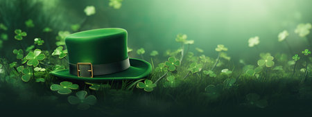 many space for text, minimalistic, st patrick's day hat in a grassy area with leprechaun stickers, in the style of digital art techniques, mysterious backdrops, smokey background,の素材
