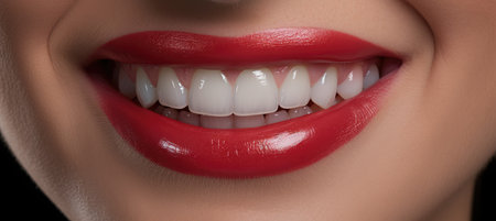 Beautiful female smile after teeth whitening procedure on light background. Dental care. Dentistry concept. Banner with copy spaceの素材