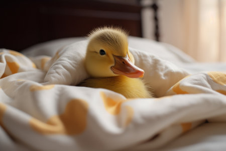 Adorable small yellow fluffy duck ying on white blanket. Baby duck resting in bed at home. Exotic domestic pet conceptの素材