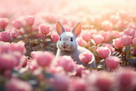 Little bunny hiding in flowers in sunny day. Cute fluffy rabbit on the meadow on warming spring day. Easter greeting card, background, banner, wallpaper with copy spaceの素材