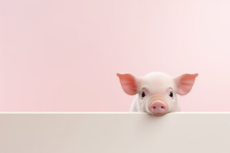 Happy cute mini pig isolated on pink background. Happy funny piglet. Exotic domestic pet. Vegan and vegetarian concept. Animal health, love of natureの素材