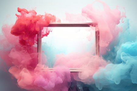 Frame with place for text and abstract ink in the water. Smoke explosion with square frame on gradient background. Creative minimal design composition with copy spaceの素材