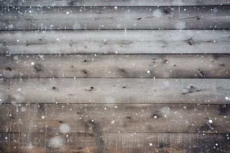 Christmas background with snowflakes on wooden table. Old vintage wood background with snow. Empty backdrop with copy space for design greeting card, poster, bannerの素材