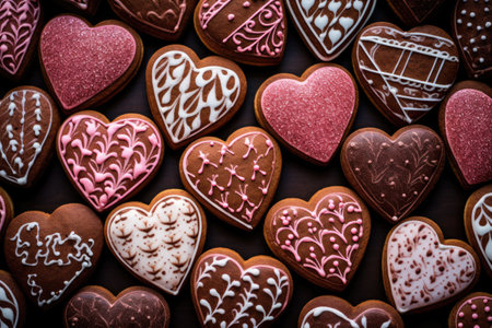 Homemade valentine cookies on dark purple background. Gingerbread hearts for Valentine's day. Sugar glazed cookies. Present for holiday, birthday, woman's dayの素材