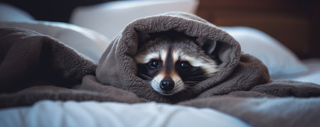 Cheerful cute racoon lying on white blanket. Exotic domestic pet conceptの素材