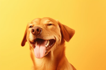 Happy dog puppy isolated on bright yellow background with copy spaceの素材
