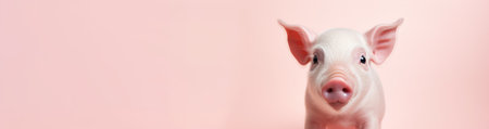 Happy cute mini pig isolated on pink background. Happy funny piglet. Exotic domestic pet. Veganの素材