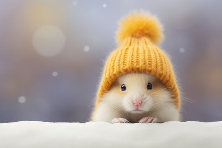 Cute funny white hamster dressed in yellow knitted hat sitting on snow on blurred winter backgroundの素材