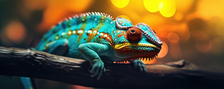 Beautiful green chameleon on turquoise blue background with tropical plants and leavesの素材