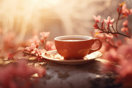 Creative layout made of flowers, leaves and coffee cup on dark background. Flowers compositionの素材