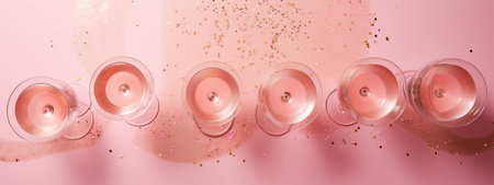 Many glasses of rose wine or champagne on pink backgroundの素材
