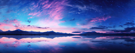 Dramatic sky background with dark rainy clouds at sunset. Purple fluffy clouds over lakeの素材