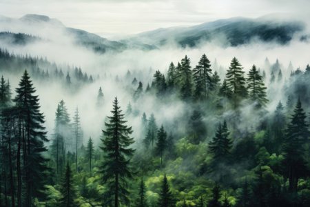 Panoramic view of misty foggy mountain landscape with fir forest, morning fogの素材
