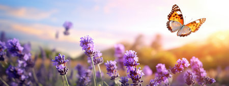 Fluttering beautiful butterfly and spring wildflowers on the field in sunlightの素材