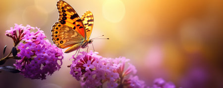 Fluttering beautiful butterfly and spring wildflowers on the field in sunlightの素材