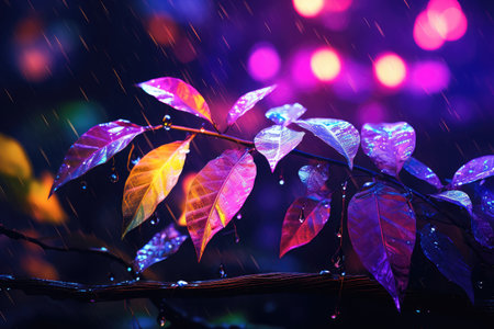 Neon tropical leaves on dark background. Colorful plants glowing in dark rainforestの素材