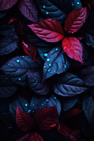 Neon tropical leaves on dark background. Colorful plants glowing in dark rainforestの素材