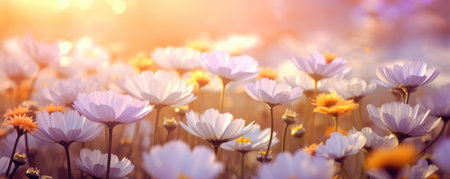 Nature background of beautiful colorful flower field. Summer flowers in meadow. Spring natureの素材