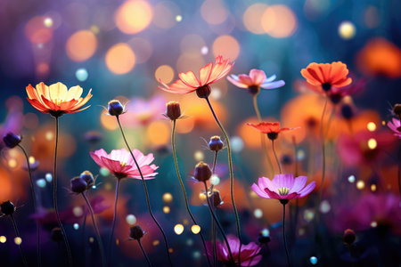 Nature background of beautiful colorful flower field. Summer flowers in meadow. Spring natureの素材