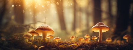 Group of fungi little fresh mushrooms growing in fall rainy forest. Autumn season pick up mushroomsの素材