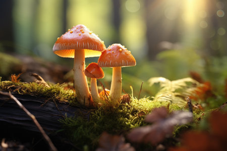 Group of fungi little fresh mushrooms growing in fall rainy forest. Autumn season pick up mushroomsの素材