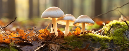 Group of fungi little fresh mushrooms growing in fall rainy forest. Autumn season pick up mushroomsの素材
