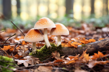 Group of fungi little fresh mushrooms growing in fall rainy forest. Autumn season pick up mushroomsの素材