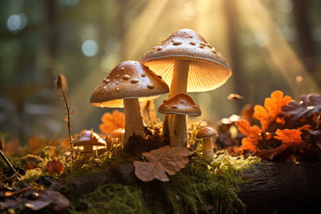 Group of fungi little fresh mushrooms growing in fall rainy forest. Autumn season pick up mushroomsの素材