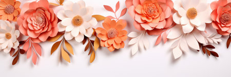 Border made of paper flowers on white background. Orange spring flower and leavesの素材