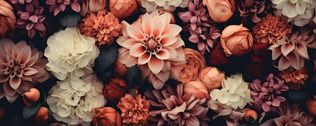 Banner with closeup of bouquet of garden beautiful autumn seasonal flowersの素材