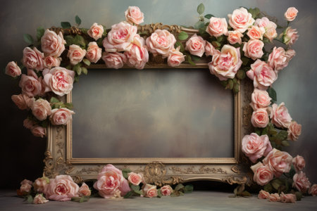 Romantic vintage frame with beautiful roses. Border with beautiful spring flowersの素材