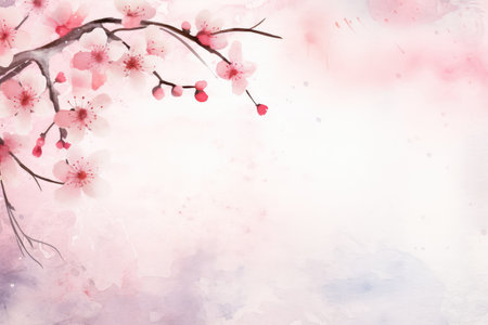 Floral watercolor frame with spring cherry flowers and leaves on pink backgroundの素材
