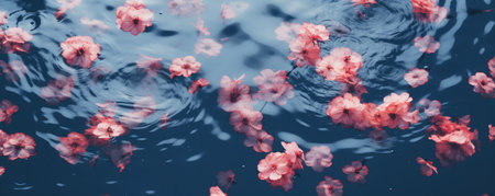 Romantic creative layout with pink cherry flowers floating in water.Spa, beauty and cosmetic conceptの素材