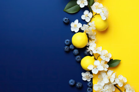 Fresh lemon, blueberry and cherry flowers. Spring and summer backgroundの素材