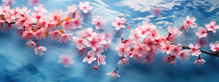 Romantic creative layout with pink cherry flowers floating in water.Spa, beauty and cosmetic conceptの素材