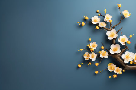 Paper cherry flowers with copy space. Valentine, Mother's or Women's day. Spring flat lay backgroundの素材