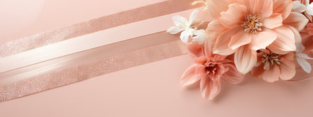 Flowers on light pink background. Greeting card, banner, poster for wedding, mothers or women's dayの素材