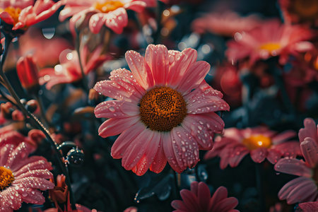 Beautiful summer background with pink flowers in grass. Gerbera daisy flower. Spring natureの素材