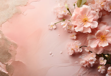 Flowers on light pink background. Greeting card, banner, poster for wedding, mothers or women's dayの素材