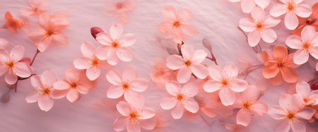 Romantic creative layout with pink cherry flowers floating in water.Spa, beauty and cosmetic conceptの素材