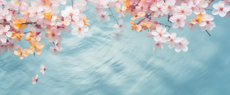 Romantic creative layout with pink cherry flowers floating in water.Spa, beauty and cosmetic conceptの素材