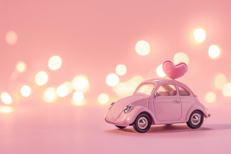 Pink toy retro car on rose background as present for Valentine's, Mother's and Women's dayの素材