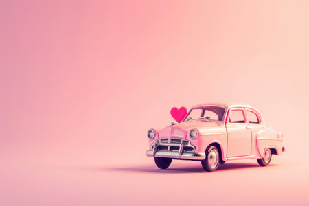 Pink toy retro car on rose background as present for Valentine's, Mother's and Women's dayの素材