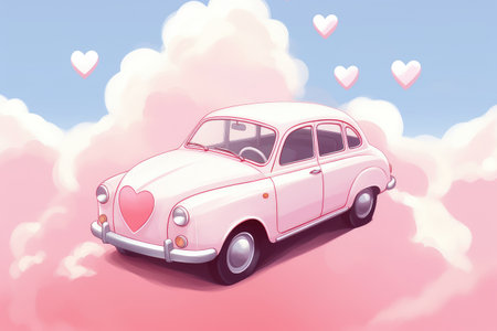 Pink toy retro car on rose background as present for Valentine's, Mother's and Women's dayの素材
