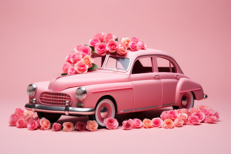 Pink toy retro car on rose background as present for Valentine's, Mother's and Women's dayの素材