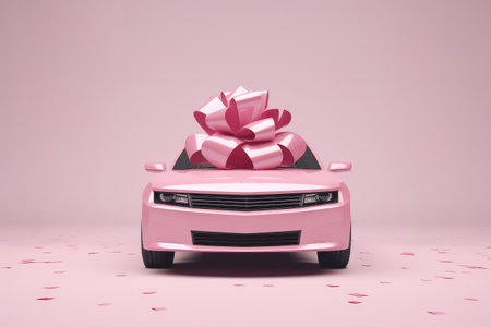 Pink toy retro car on rose background as present for Valentine's, Mother's and Women's dayの素材