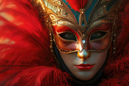 Colorful masks and costumes at traditional Carnival in Venice. Beautiful woman in mysterious maskの素材