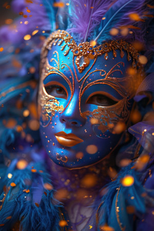 Colorful masks and costumes at traditional Carnival in Venice. Beautiful woman in mysterious maskの素材