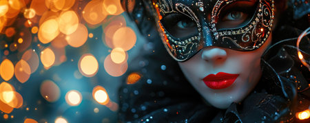 Colorful masks and costumes at traditional Carnival in Venice. Beautiful woman in mysterious maskの素材